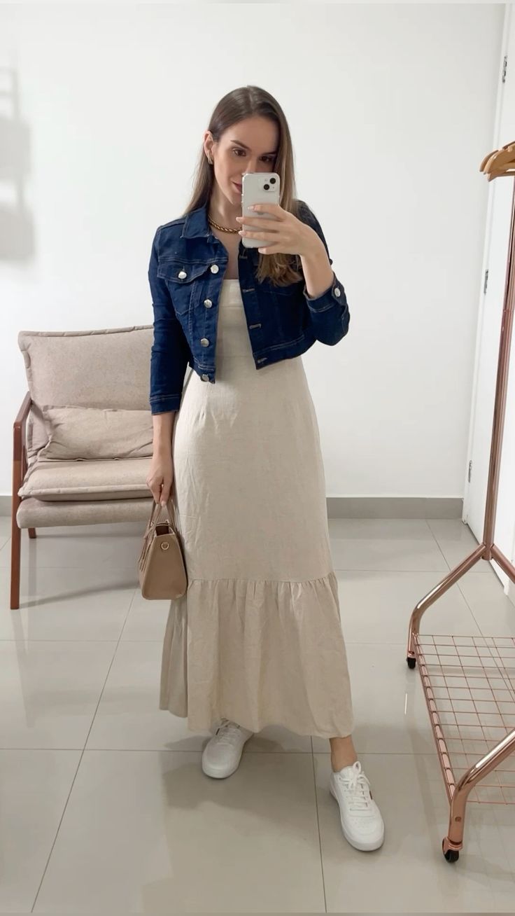 Neutral Maxi Sundress with Denim Jacket